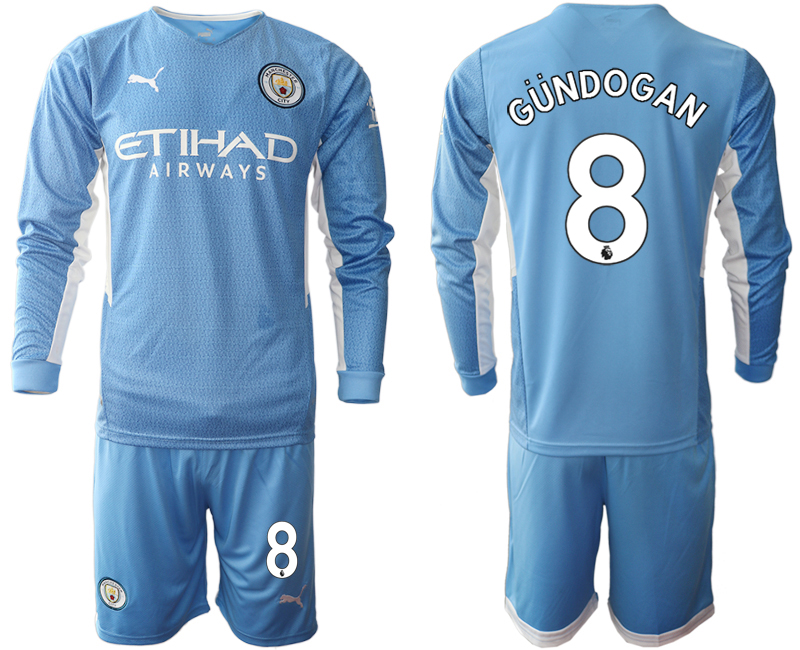 Men 2021-2022 Club Manchester city home Light blue Long Sleeve #8 Soccer Jersey->manchester city jersey->Soccer Club Jersey